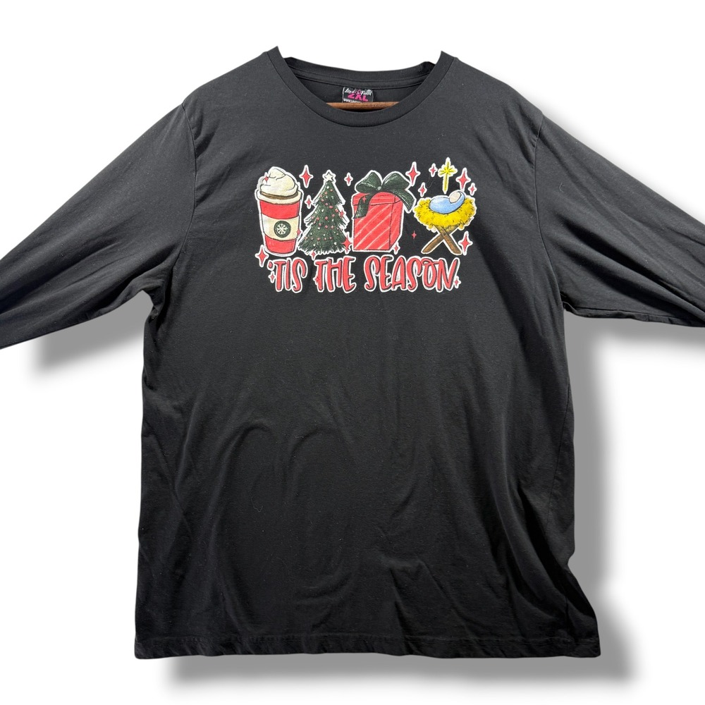 Love in Faith Tis The Season Christmas Nativity Long Sleeve Graphic Tee Black 2X